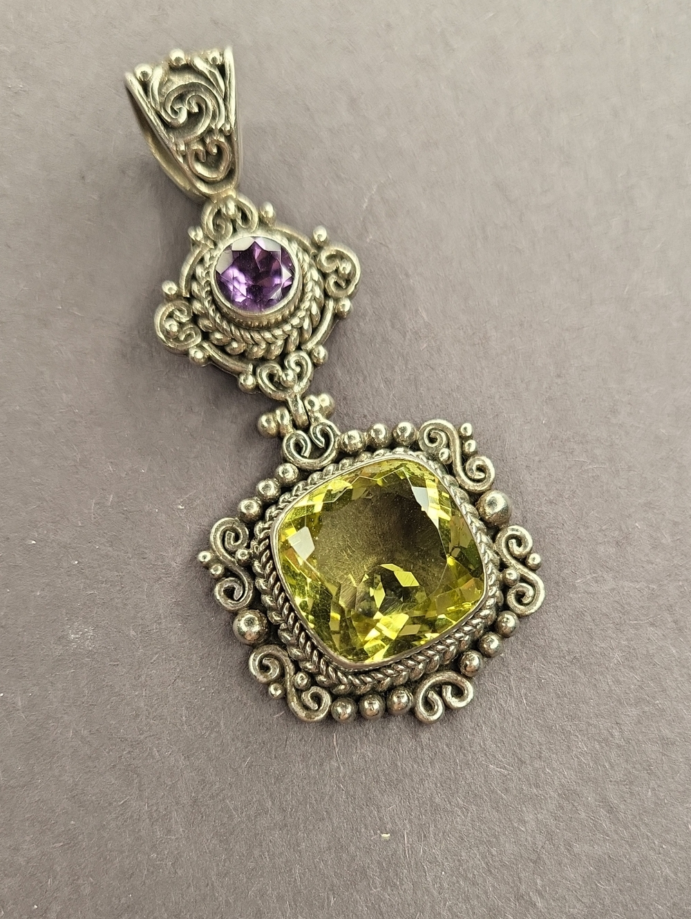 Sterling Silver Pendant with Green and Purple Gemstones